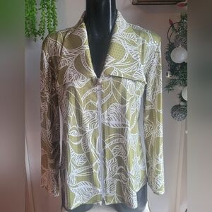 Versailles Collection Green and White Leaf Print Zip Up Wing Collar Top XL